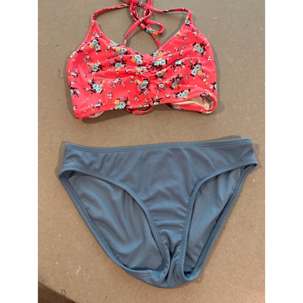 Shade & Shore XS (0-2) Floral Swimsuit Bikini Set Coral Blue Ribbed